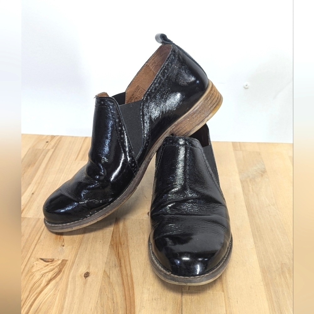 Josef Seibel Black Patent Leather Slip-On Shoes Loafer Brogue Flats 38 7.5 / 8